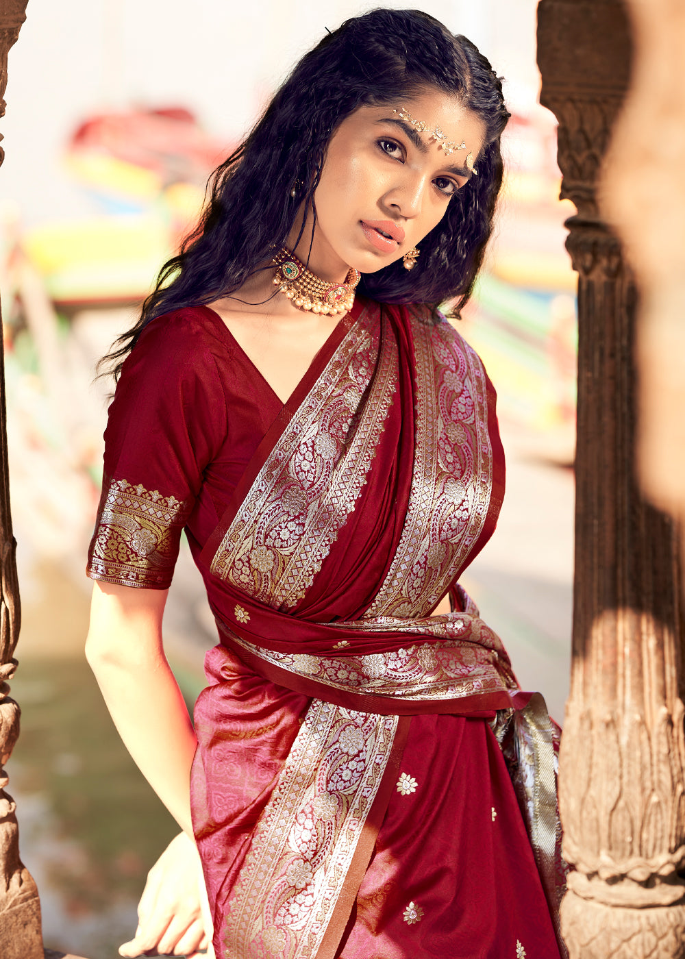 Buy MySilkLove Dark Tan Maroon Woven Banarasi Satin Silk Saree Online