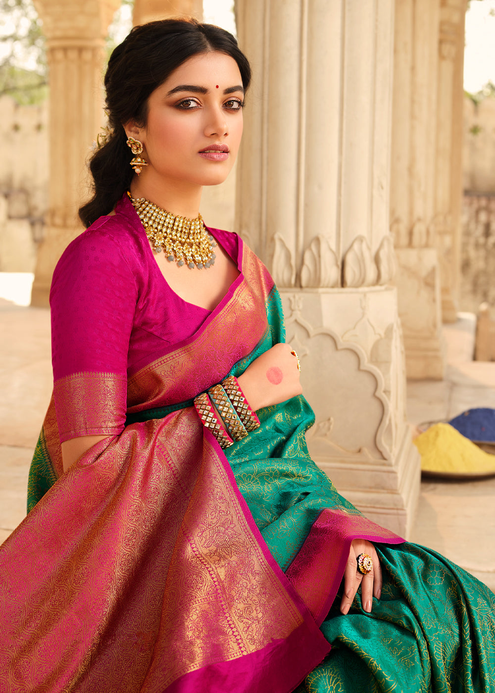 Buy MySilkLove Emerald Blue & Pink Zari Woven Kanjivaram Saree Online