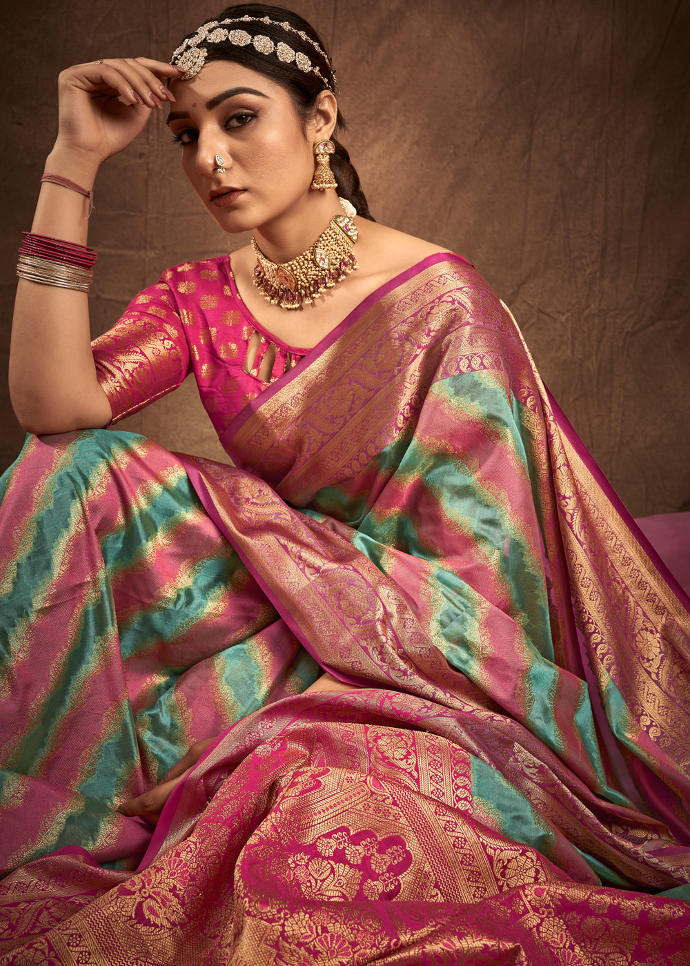 MySilkLove Battleship Green and Pink Woven Rangkath Banarasi Silk Saree