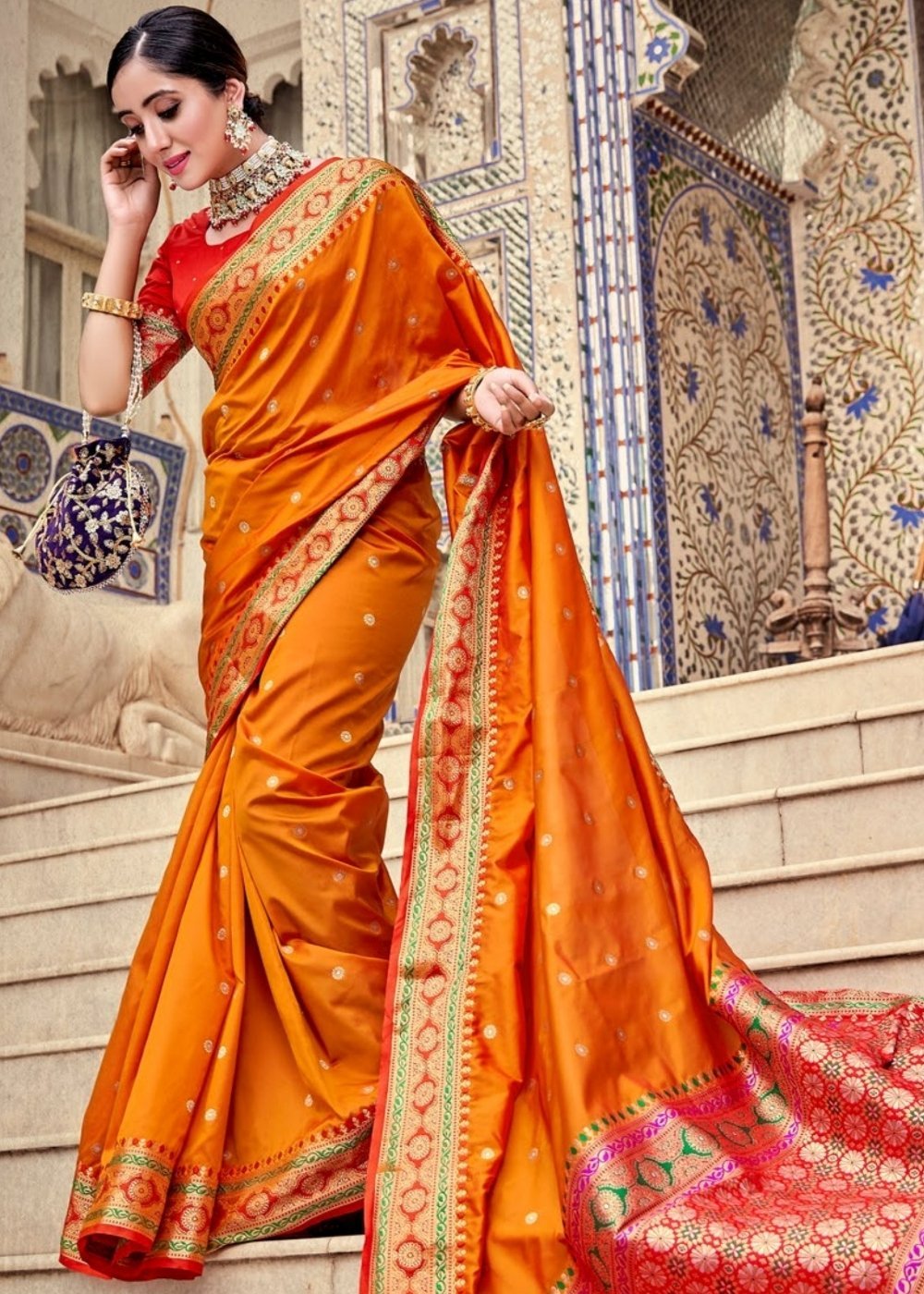 Buy MySilkLove Brandy Punch Orange Zari Woven Banarasi Saree Online