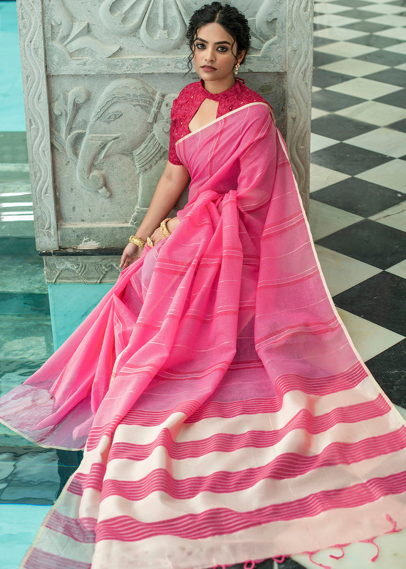 Me Pink Zari Woven Striped Linen Saree
