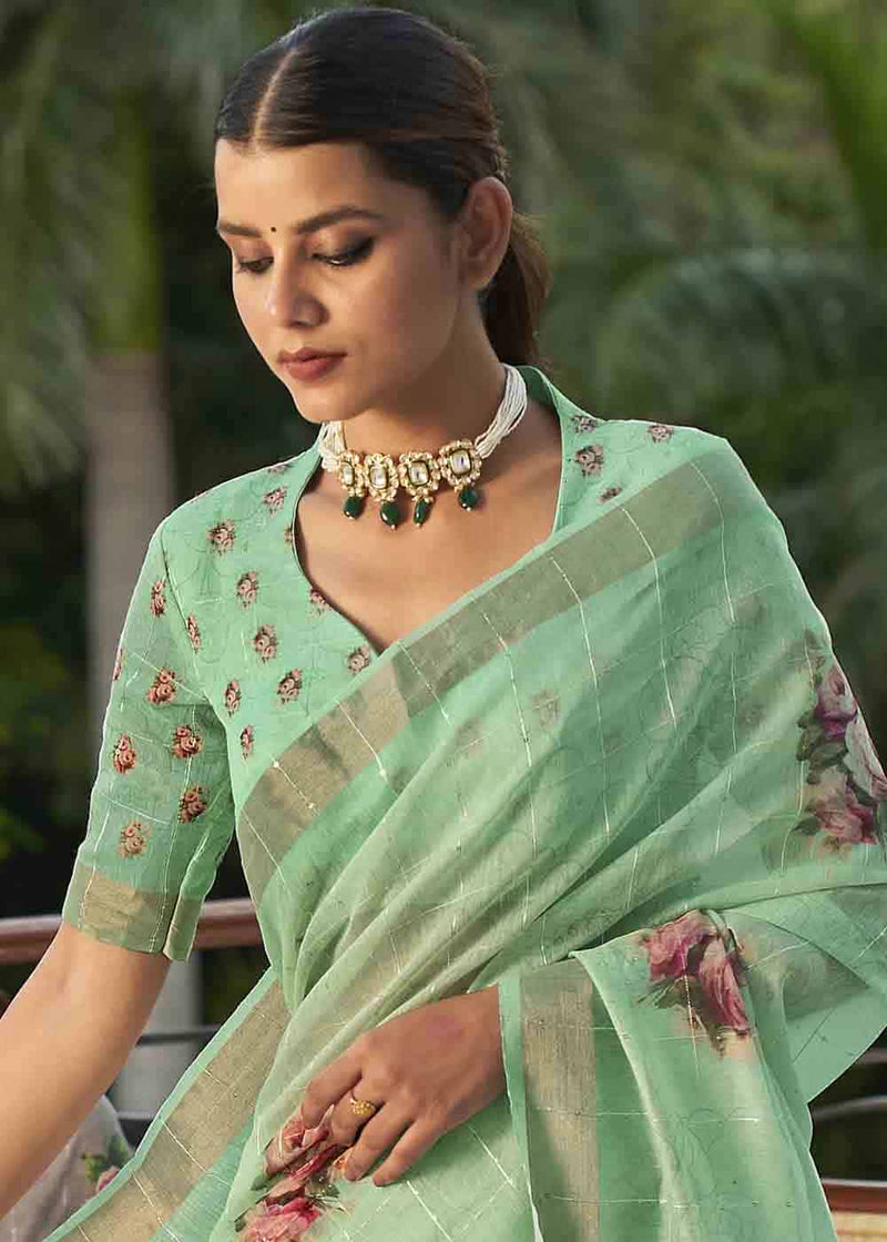 Sprout Green Digital Floral Printed Saree