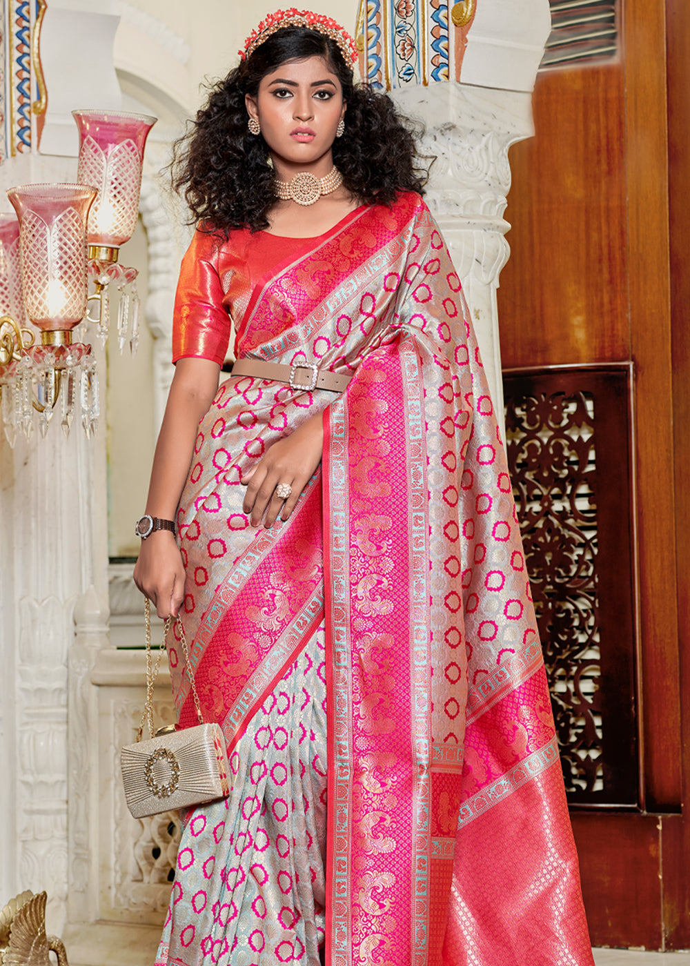 Buy MySilkLove Blush Pink Woven Banarasi Silk Saree Online