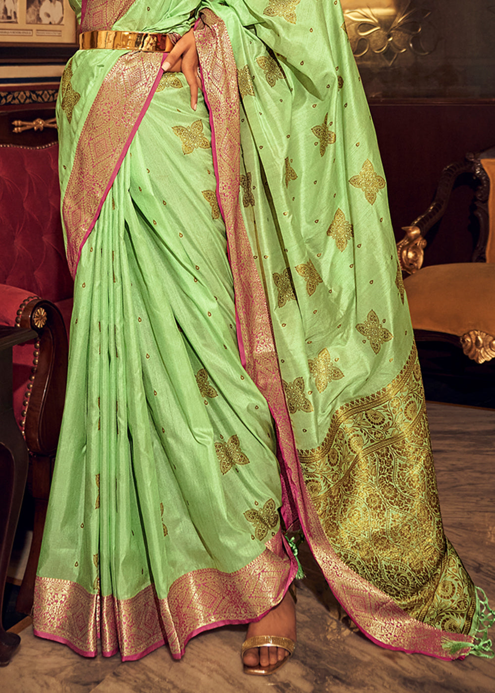 Buy MySilkLove Reef Green Zari Woven Soft Tussar Silk Saree Online