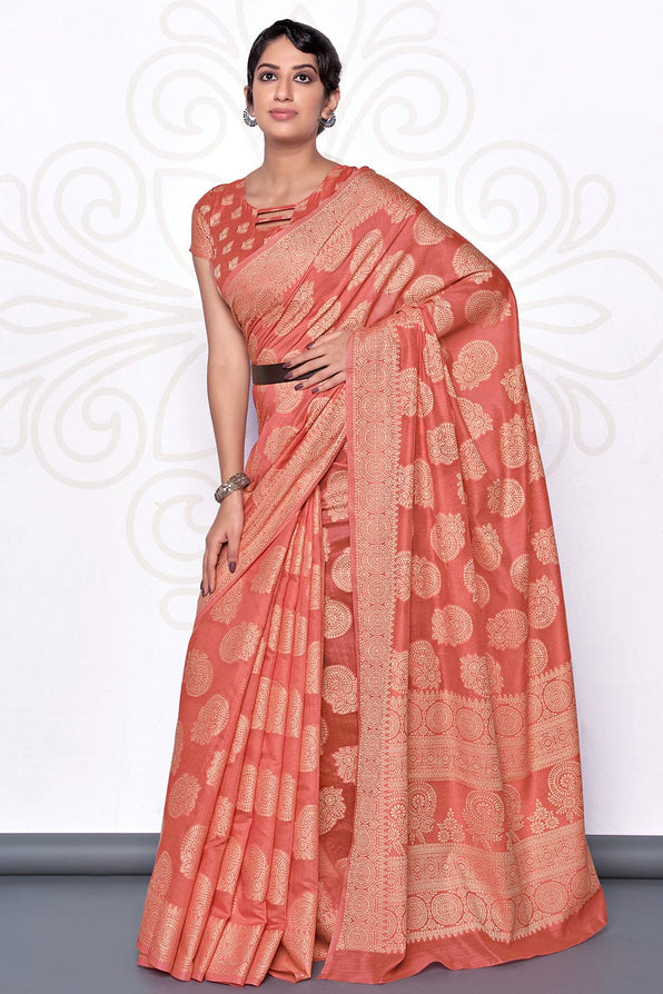 Buy MySilkLove Roman Peach Cotton Saree Online