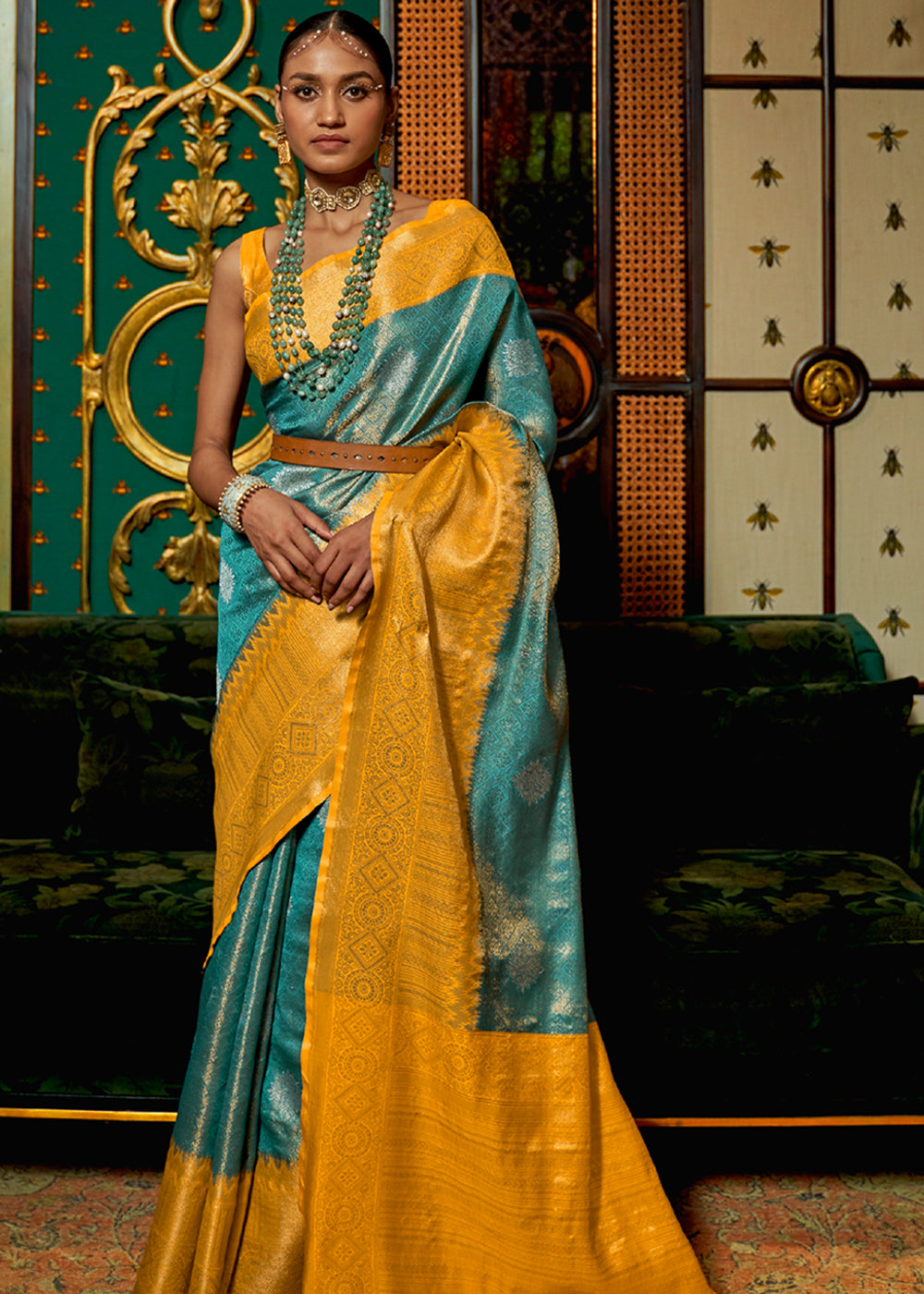 Buy MySilkLove Paradiso Blue and Yellow Zari Woven Banarasi Tussar Saree Online