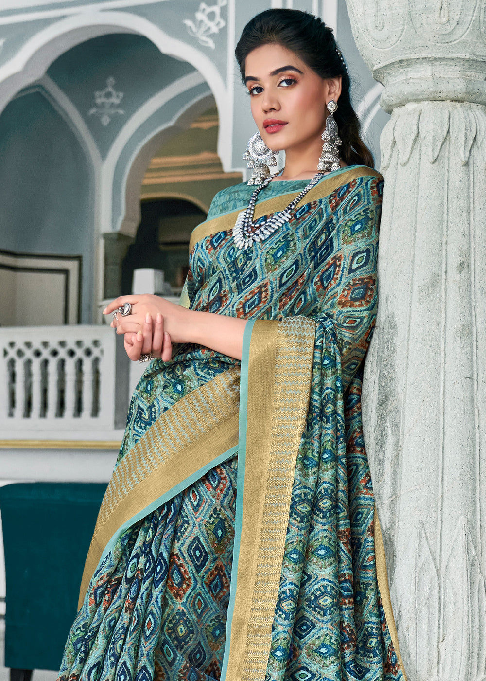 Buy MySilkLove William Blue Banarasi Printed Saree Online