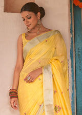 Dandelion Yellow Floral Embroidered Linen Saree