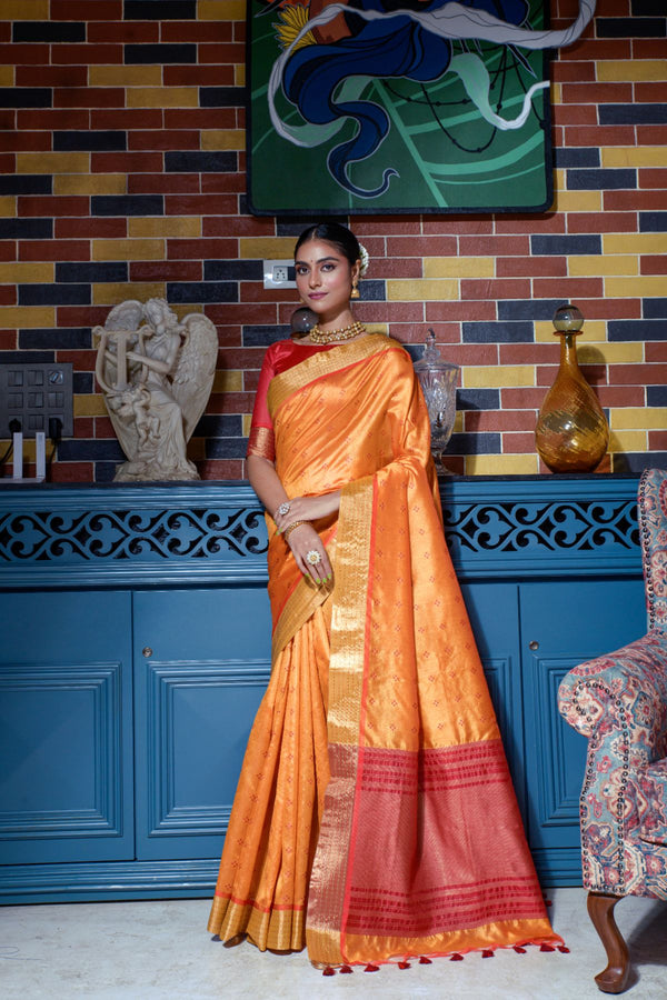 Kournikova Orange Banarasi Raw Silk Saree