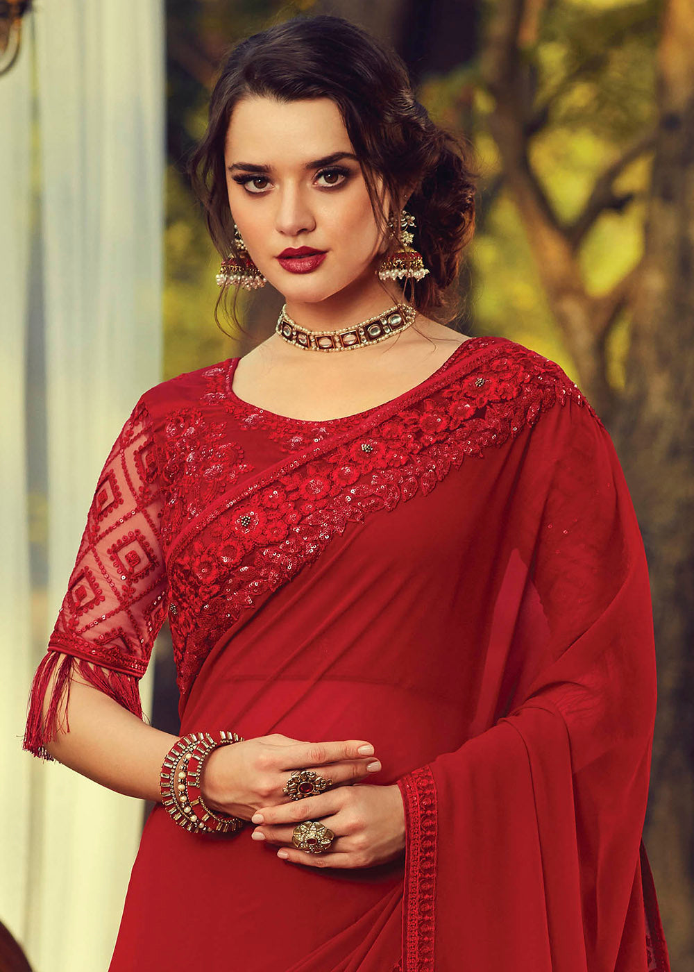 Buy MySilkLove Crail Red Embroidered Georgette Designer Saree Online