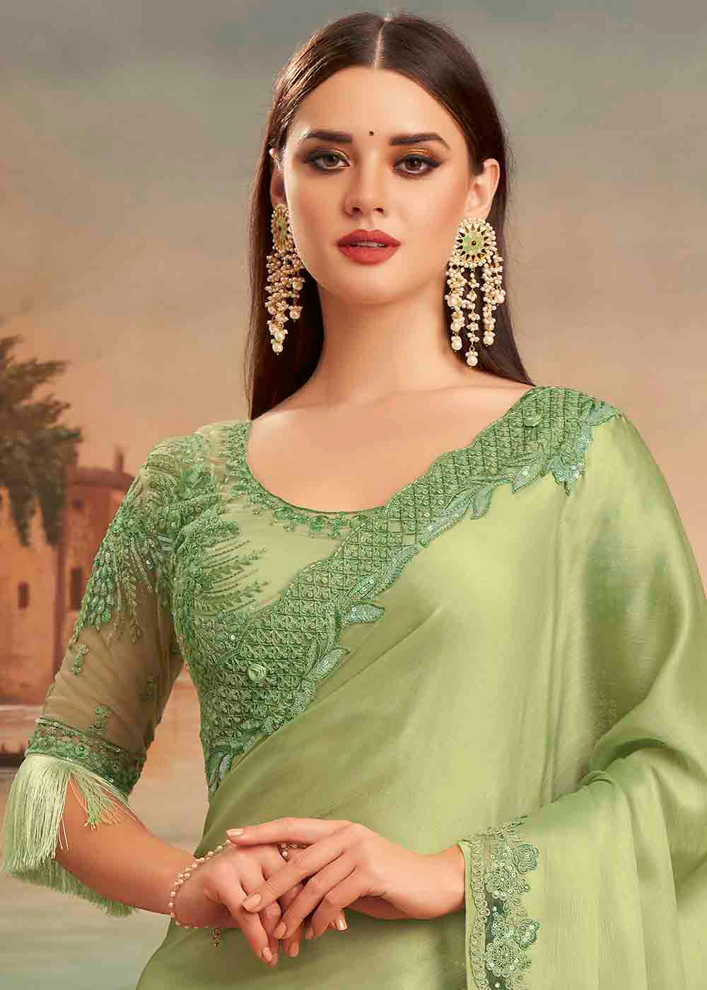 MySilkLove Barley Corn Green Embroidered Satin Silk Designer Saree