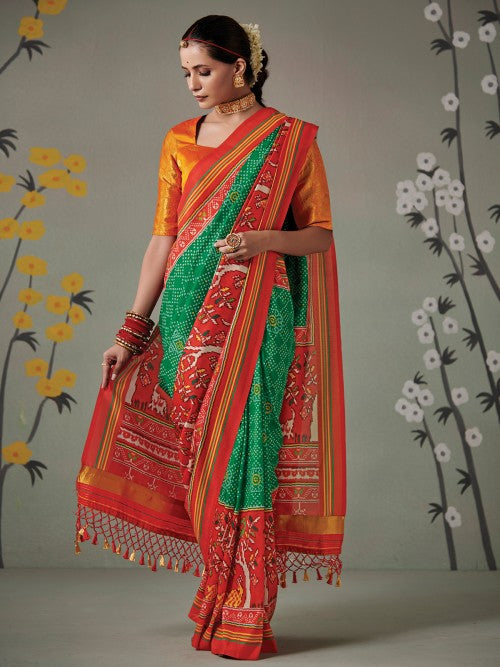 Buy MySilkLove Goblin Green and Orange Printed Patola Silk Saree Online