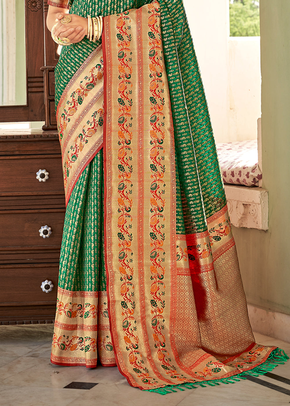 Buy MySilkLove Glade Green and Red Zari Woven Banarasi Brocade Saree Online