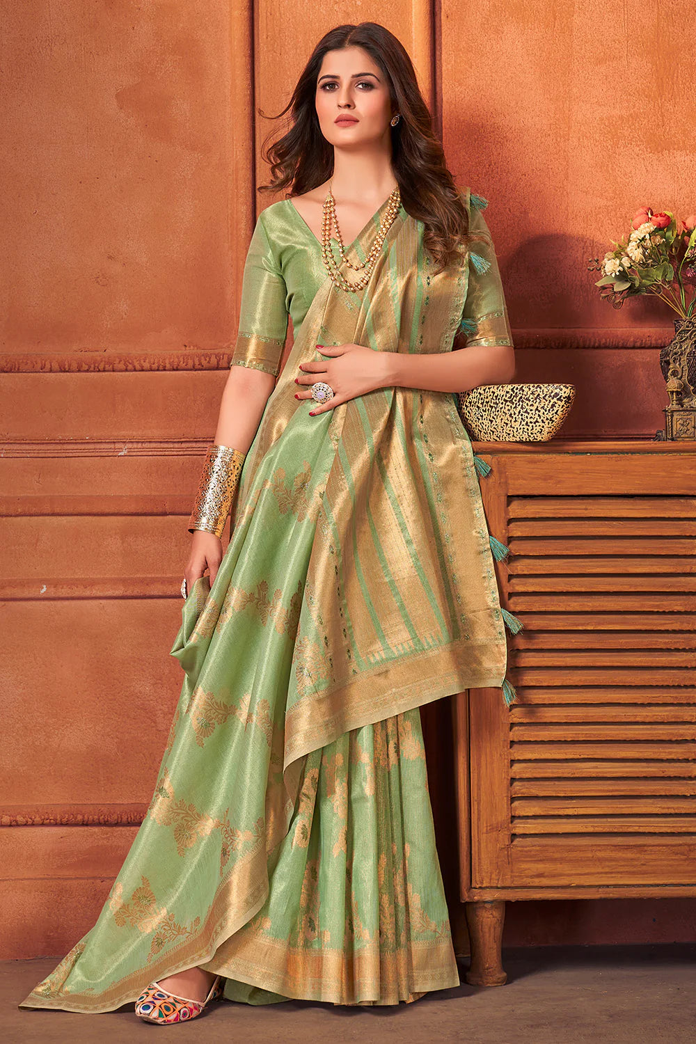 Buy MySilkLove Green Smoke Cotton Tissue Silk Saree Online