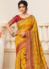 Mustard Yellow and Red Woven Banarasi Raw Silk Saree
