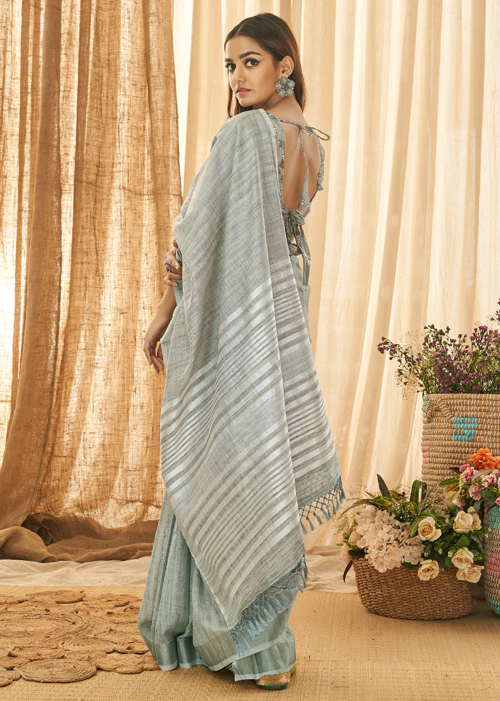 Buy MySilkLove Celeste Grey Zari Woven Linen Saree Online