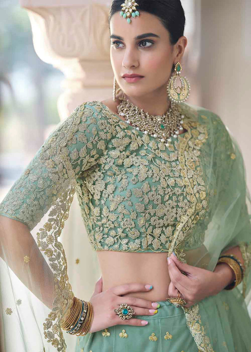 Cream and Green and Red Silk Banarsi Lehenga Choli With Zari work