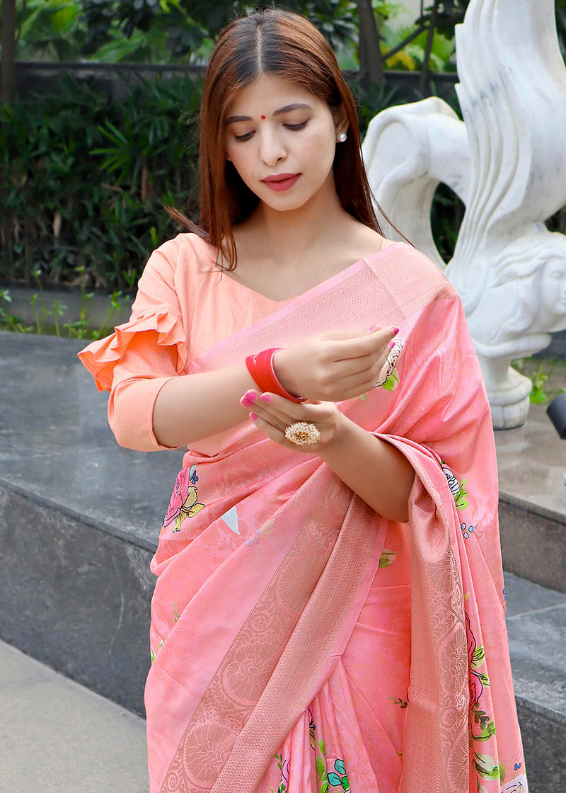 Lilac Peach Floral Printed Soft Silk Saree
