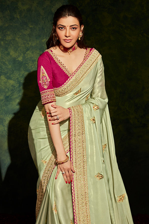 Thistle Green and Pink South Silk Saree