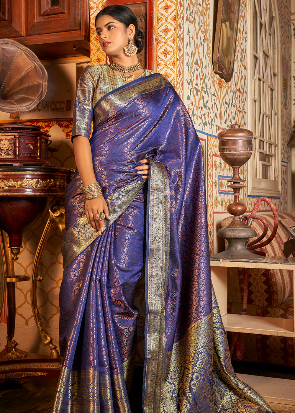 Buy MySilkLove Rum Purple Bronze Zari Woven Kanjivaram Saree Online