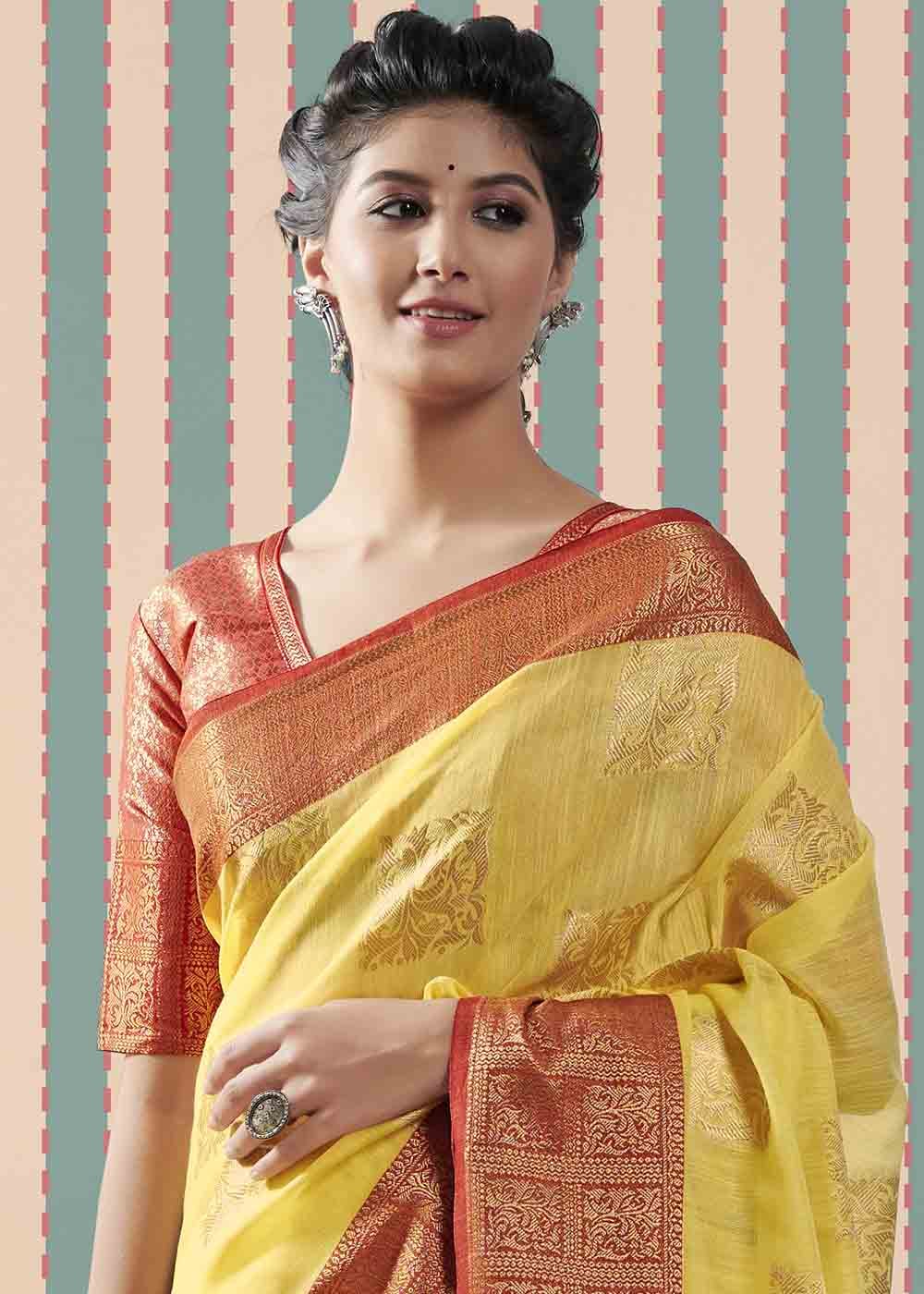 Buy MySilkLove Turmeric Yellow and Red Zari Woven Linen Saree Online