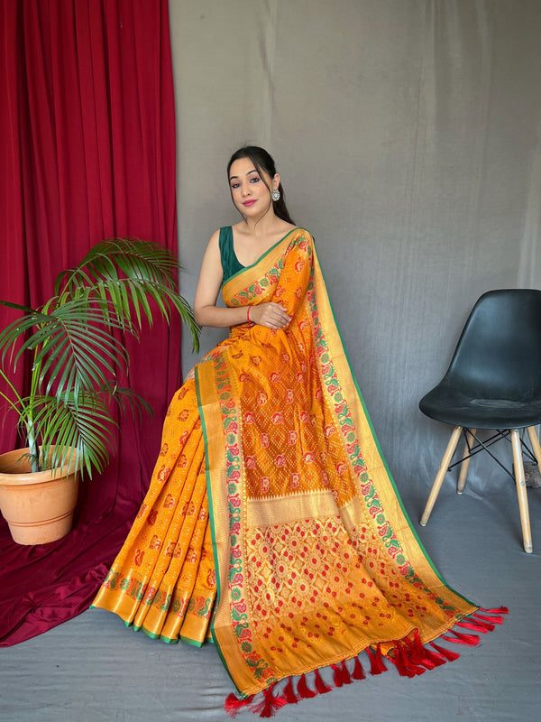 Neon Carrot Yellow Woven Bandhej Patola Silk Saree