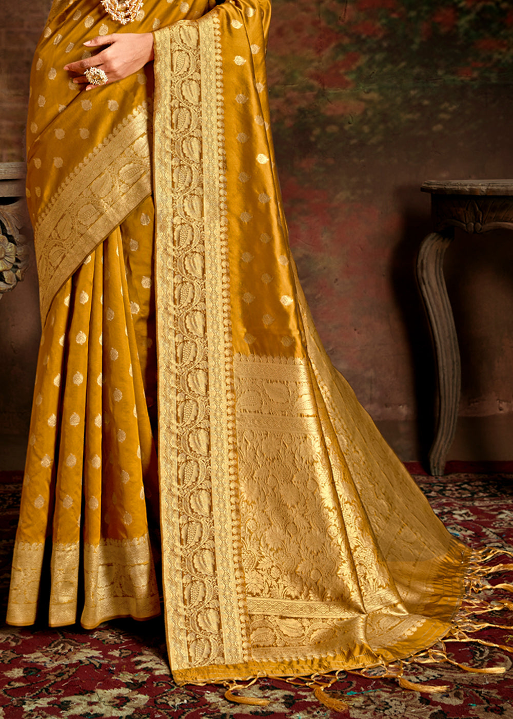 Buy MySilkLove Bourbon Yellow Zari Woven Banarasi Jamdani Silk Saree Online