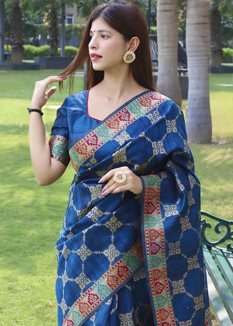 Indigo Blue Zari Woven Tussar Silk Saree
