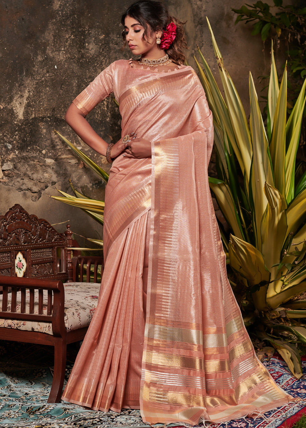 Buy MySilkLove Corvette Peach Woven Tussar Silk Saree Online