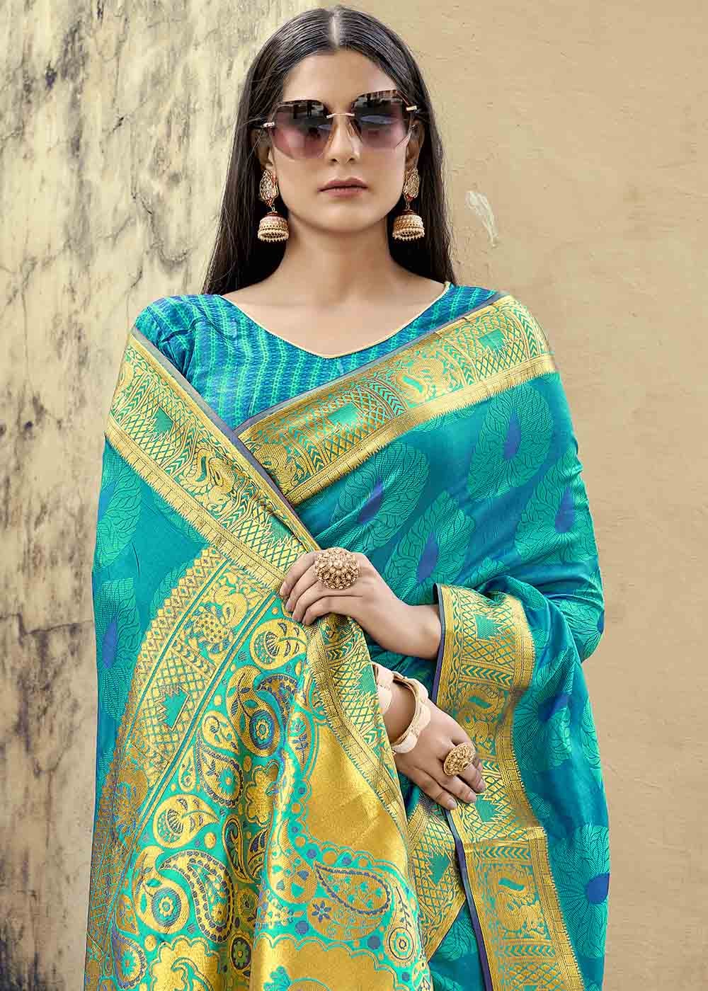 Buy MySilkLove Malachite Blue Zari Woven Banarasi Silk Saree Online