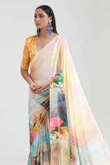 Haze White and Yellow Printed Saree