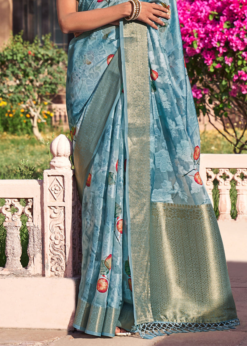 Juniper Blue Digital Printed Banarasi Cotton Saree