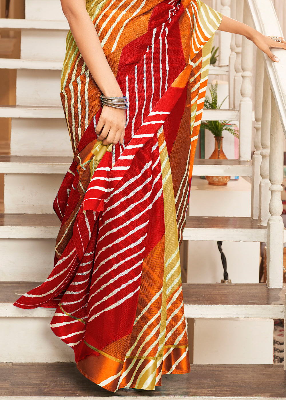 Buy MySilkLove Equator Red and Green Cotton Saree with Leheriya Print Online