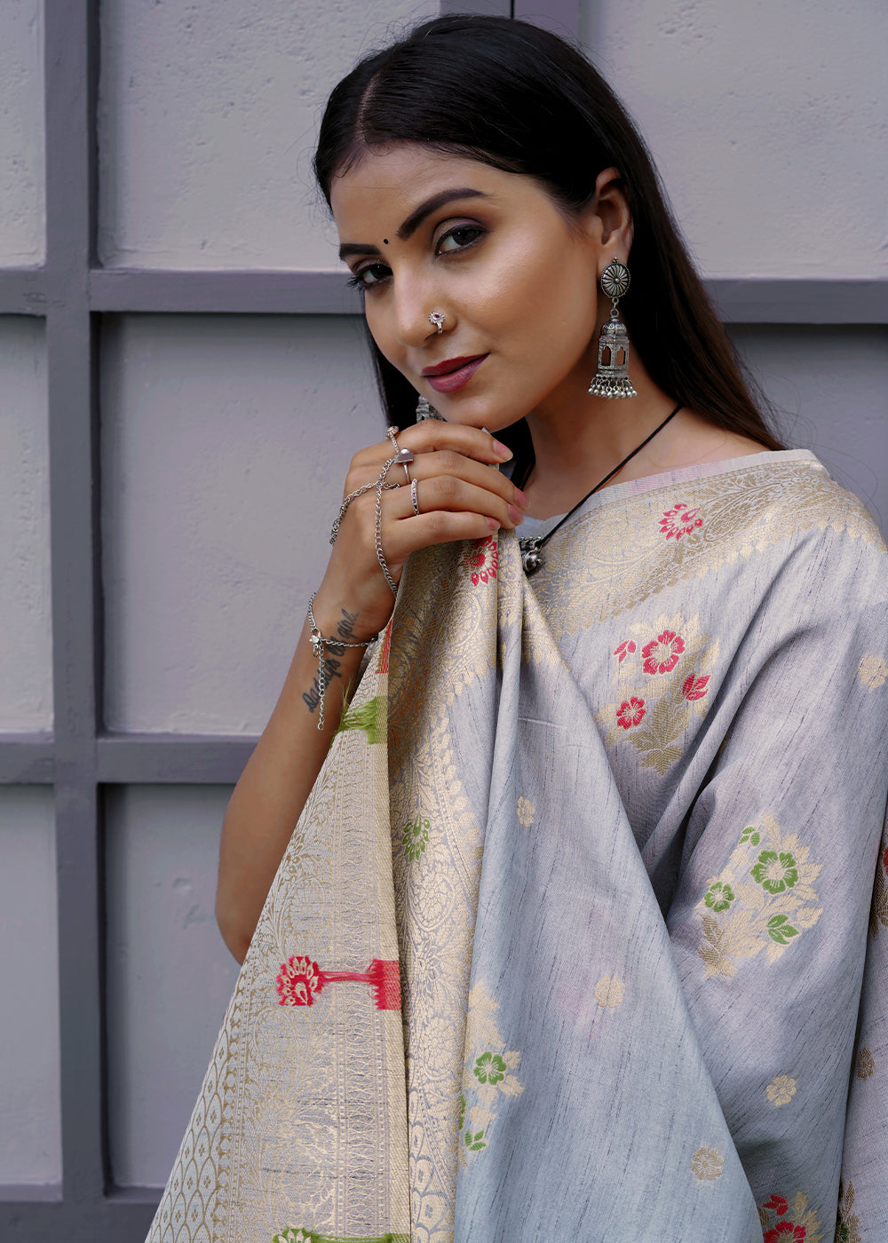 Buy MySilkLove Mountain Mist Grey Banarasi Saree Online