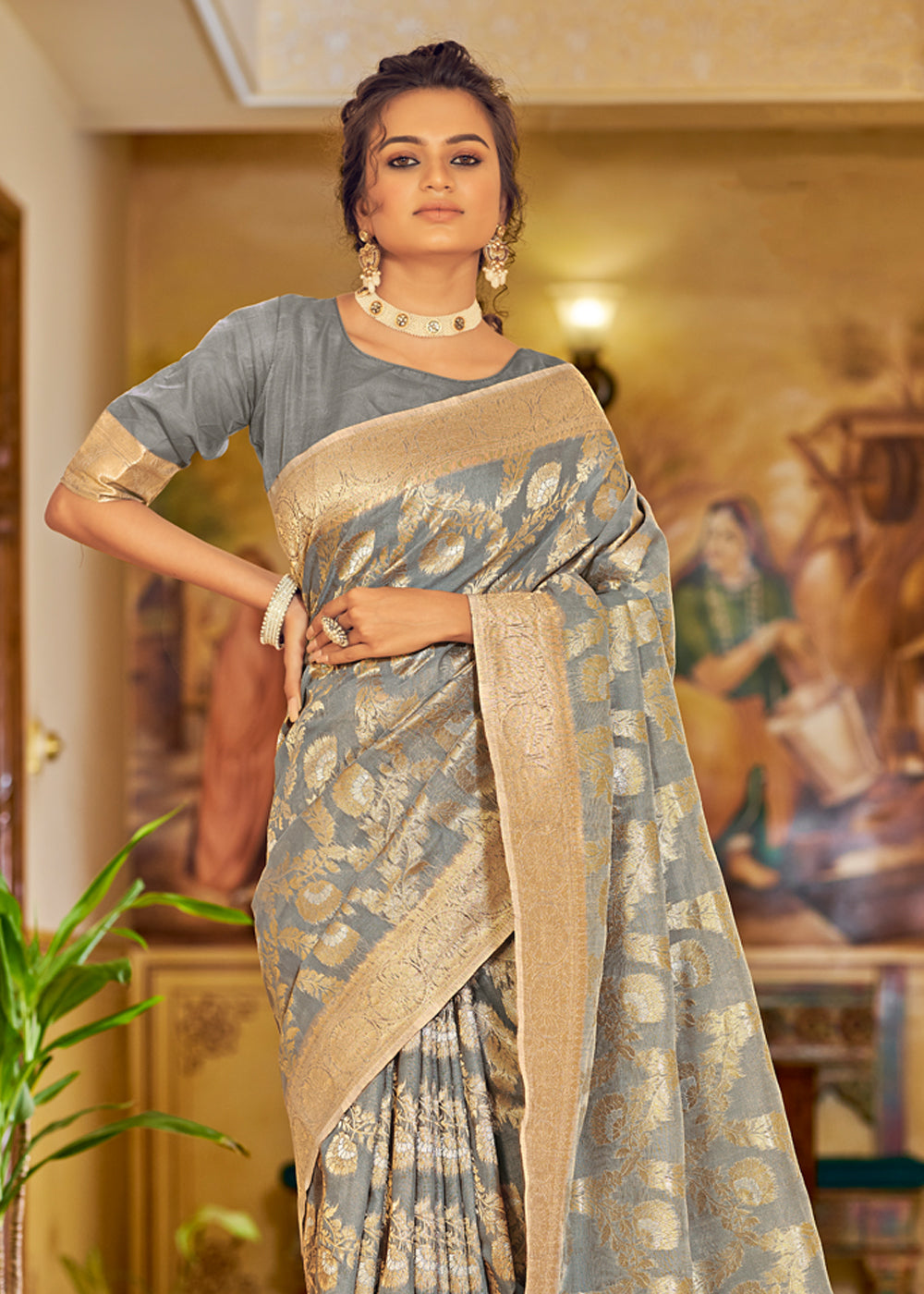 Buy MySilkLove Natural Grey Zari Woven Banarasi Linen Saree Online
