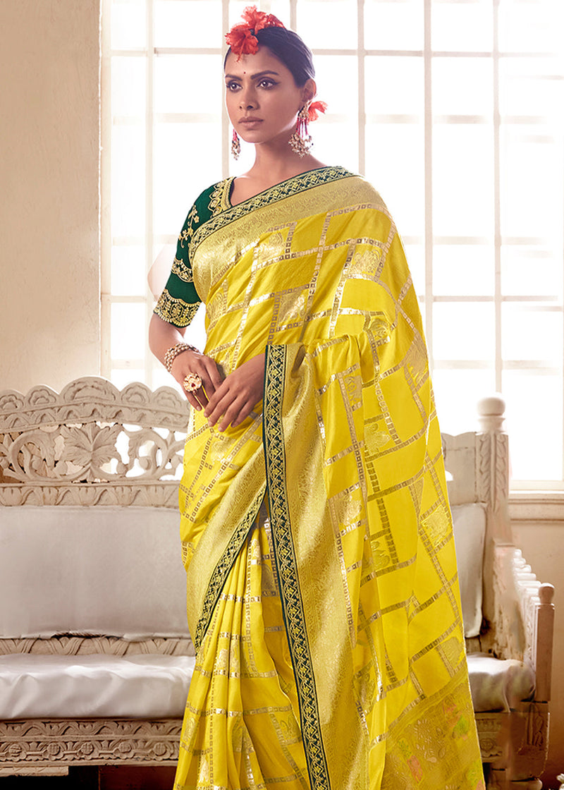 Grass Yellow and Green Banarasi Saree with Designer Blouse