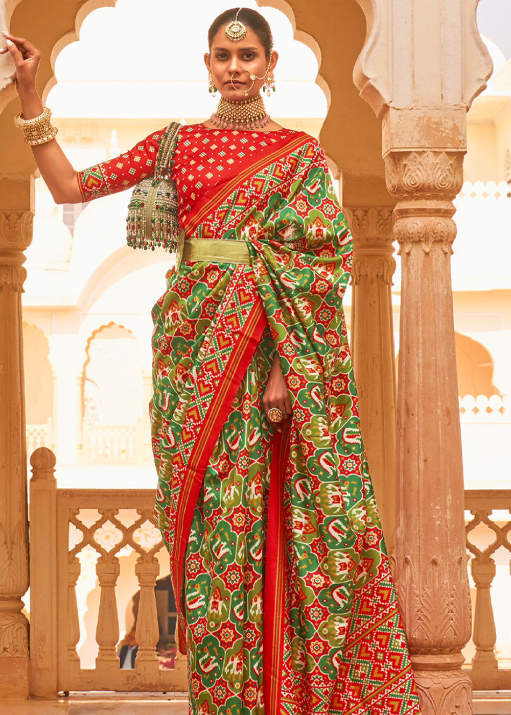 Buy MySilkLove Peridot Green and Red Printed Patola Tussar Saree Online