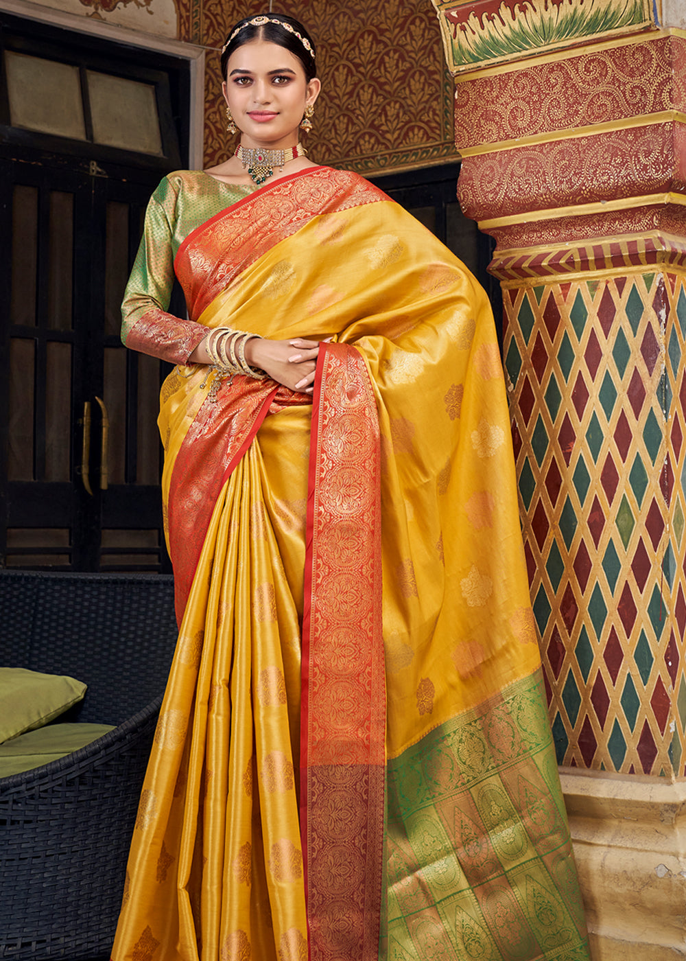 Buy MySilkLove Porsche Yellow Woven Banarasi Barcode Silk Saree Online