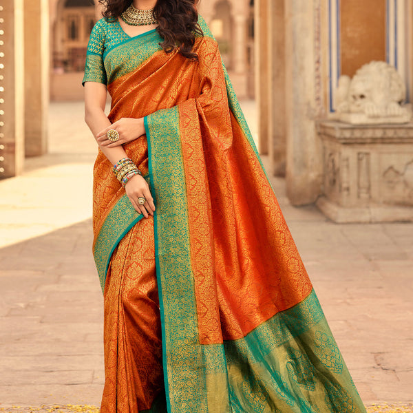 Orange Saree With Brown Satin Patta – Designer Pithi