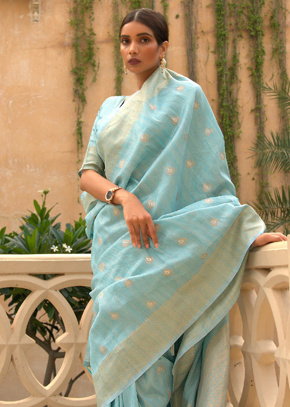 Buy MySilkLove Cascade Blue Zari Woven Tussar Silk Saree Online