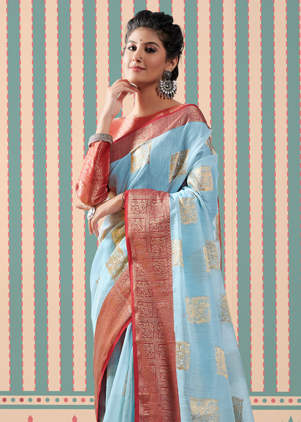 Buy MySilkLove Rock Blue Zari Woven Banarasi Brocade Linen Saree Online