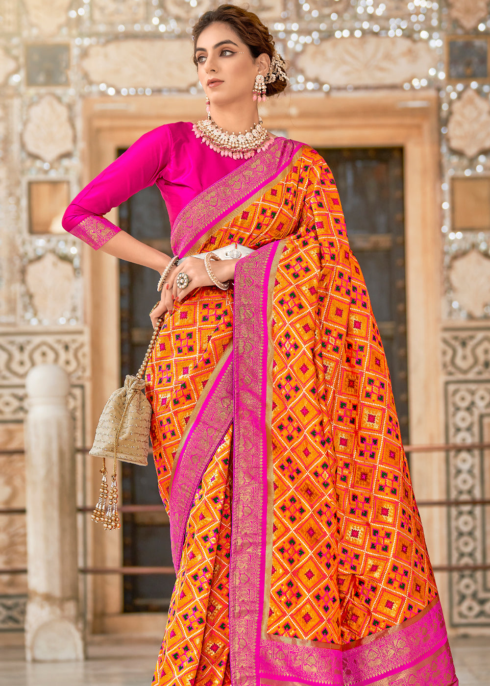 Buy MySilkLove Tango Orange and Pink Zari Woven Patola Saree Online