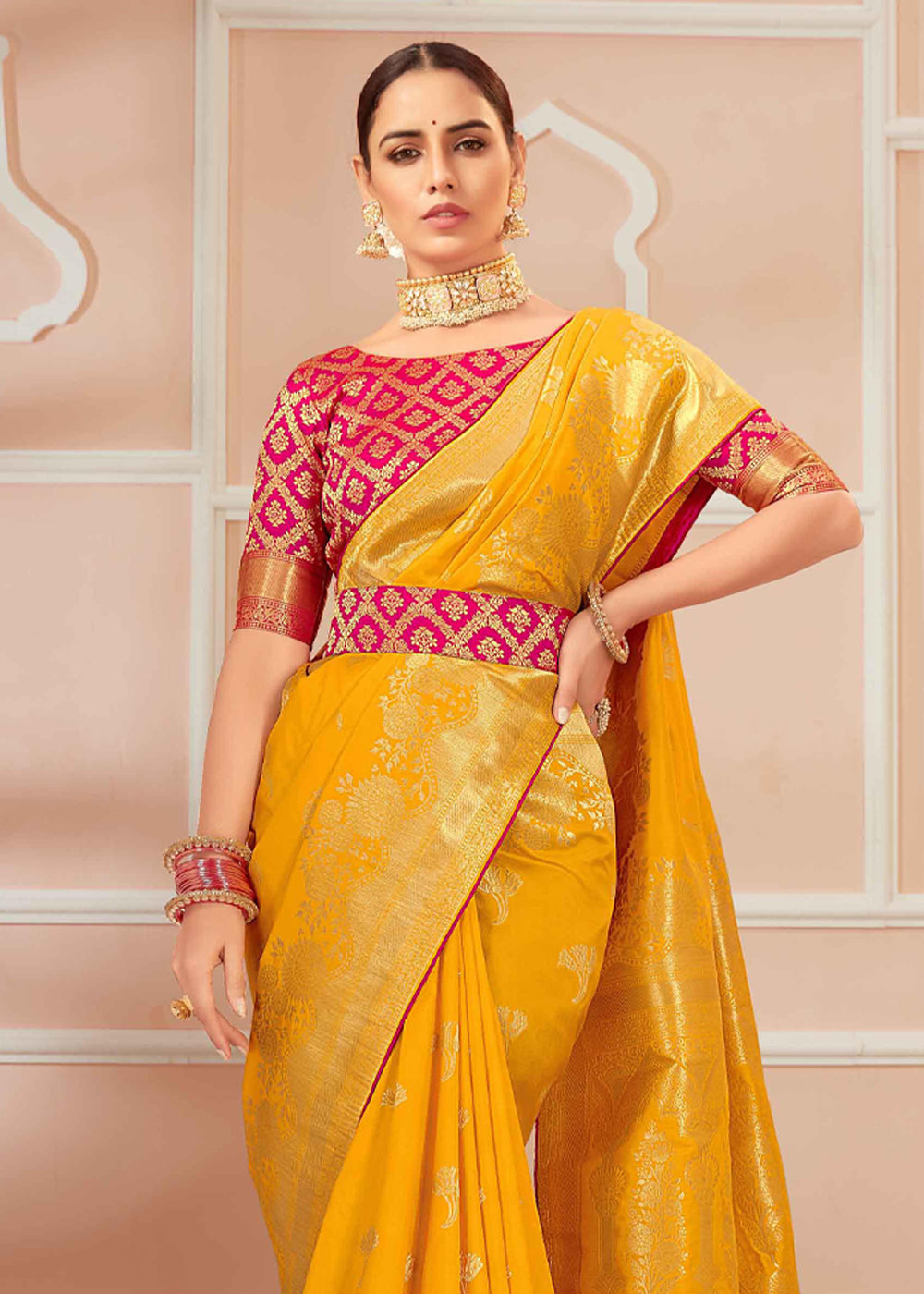 Buy MySilkLove Golden Pink Yellow Zari Woven Banarasi Silk Saree Online