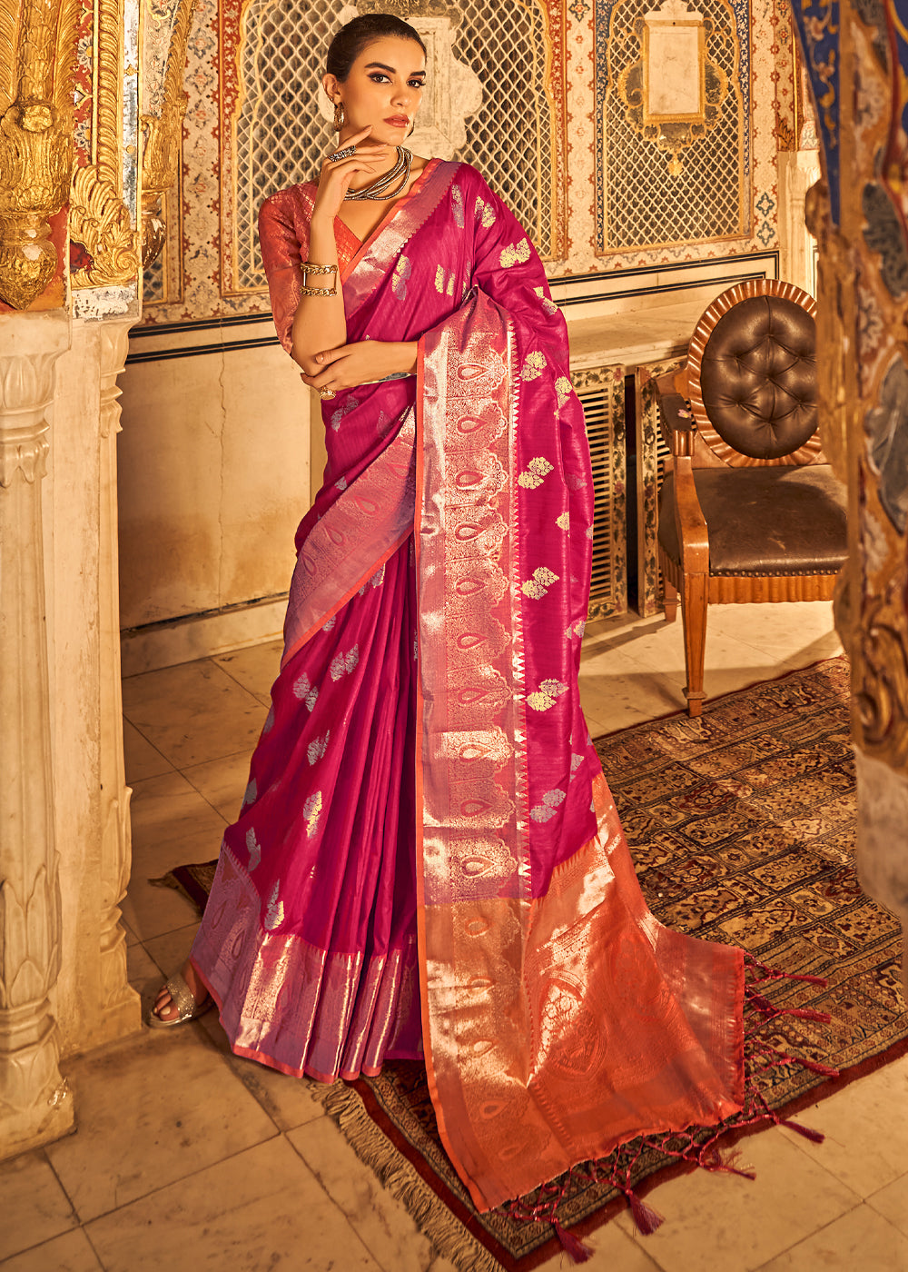 Buy MySilkLove Cherry Pink Banarasi Tussar Woven Silk Saree Online