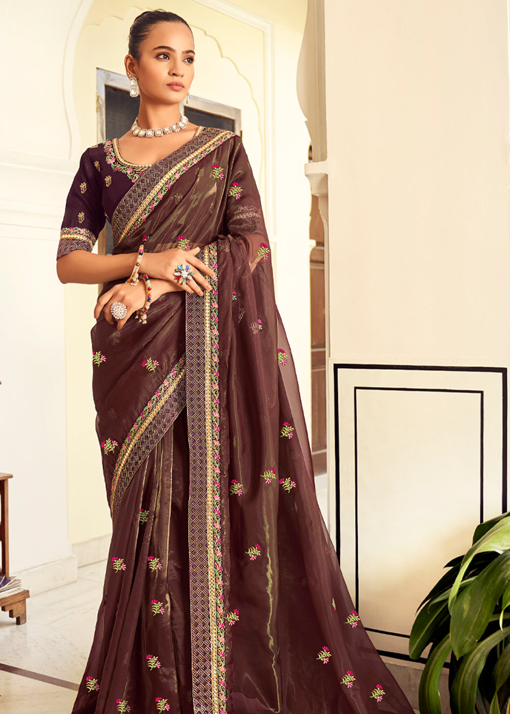 Buy MySilkLove Roman Coffee Brown Woven Banarasi Georgette Silk Saree Online