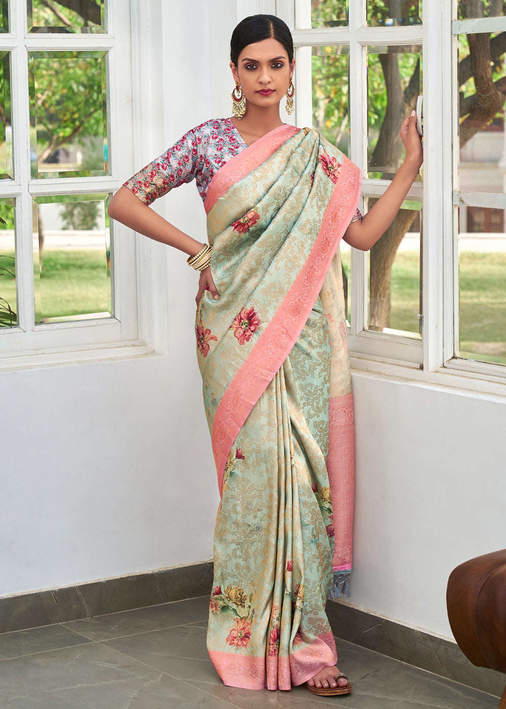 Buy MySilkLove Eagle Green Banarasi Jacquard Printed Saree Online