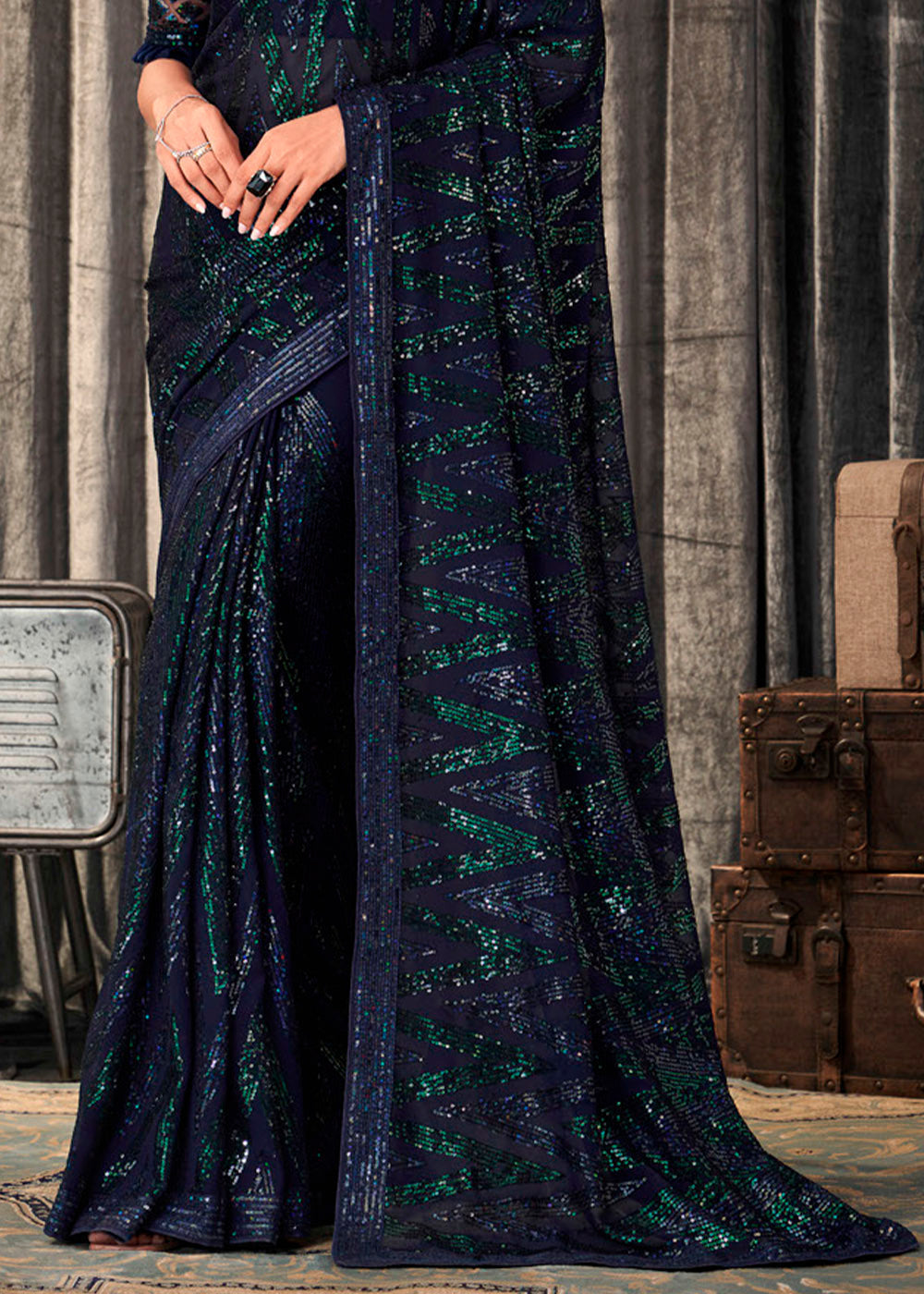 Buy MySilkLove Tuna Blue and Green Sequins Embroidered Designer Georgette Saree Online