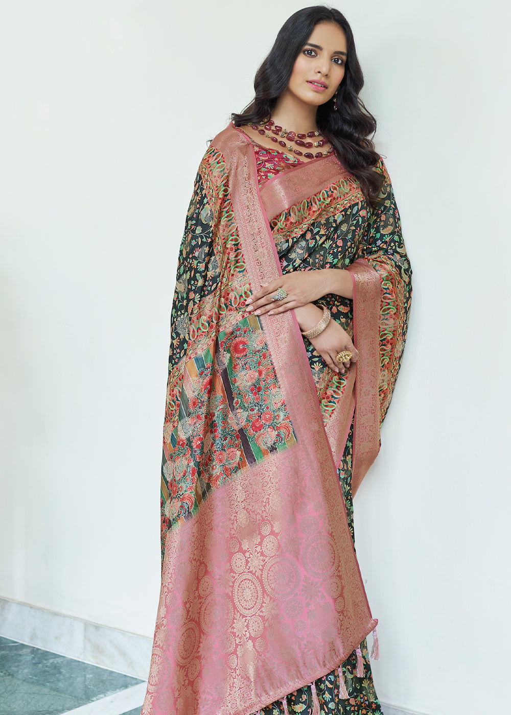 Buy MySilkLove Cape Cod Dark Grey Banarasi Saree with Jamewar Print Online