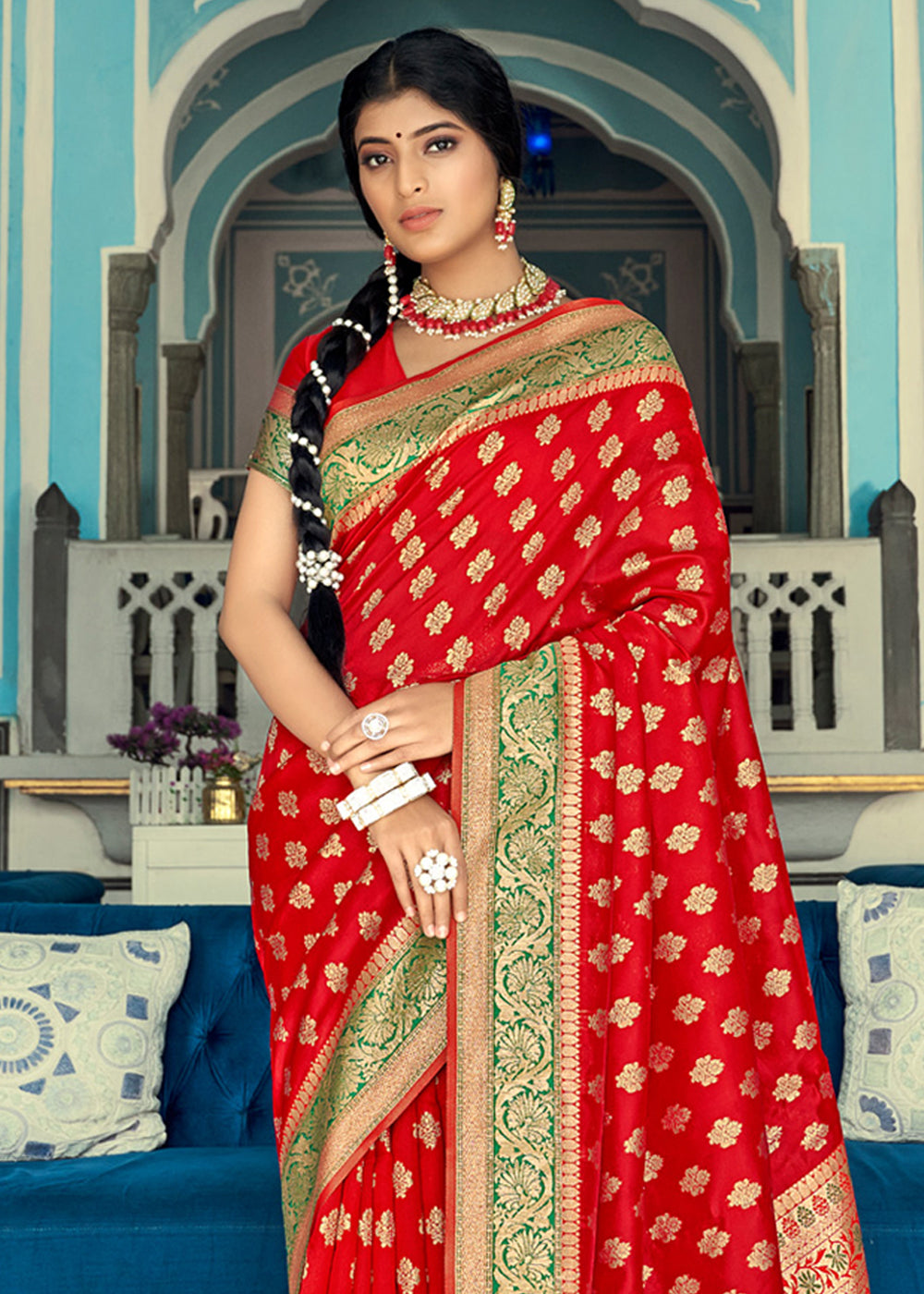 Buy MySilkLove Cinnabar Red and Green Zari Woven Banarasi Saree Online