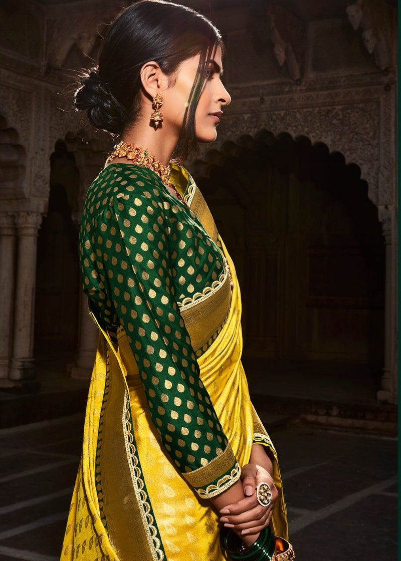 Golden Grass Yellow and Green Zari Woven Banarasi Silk Saree